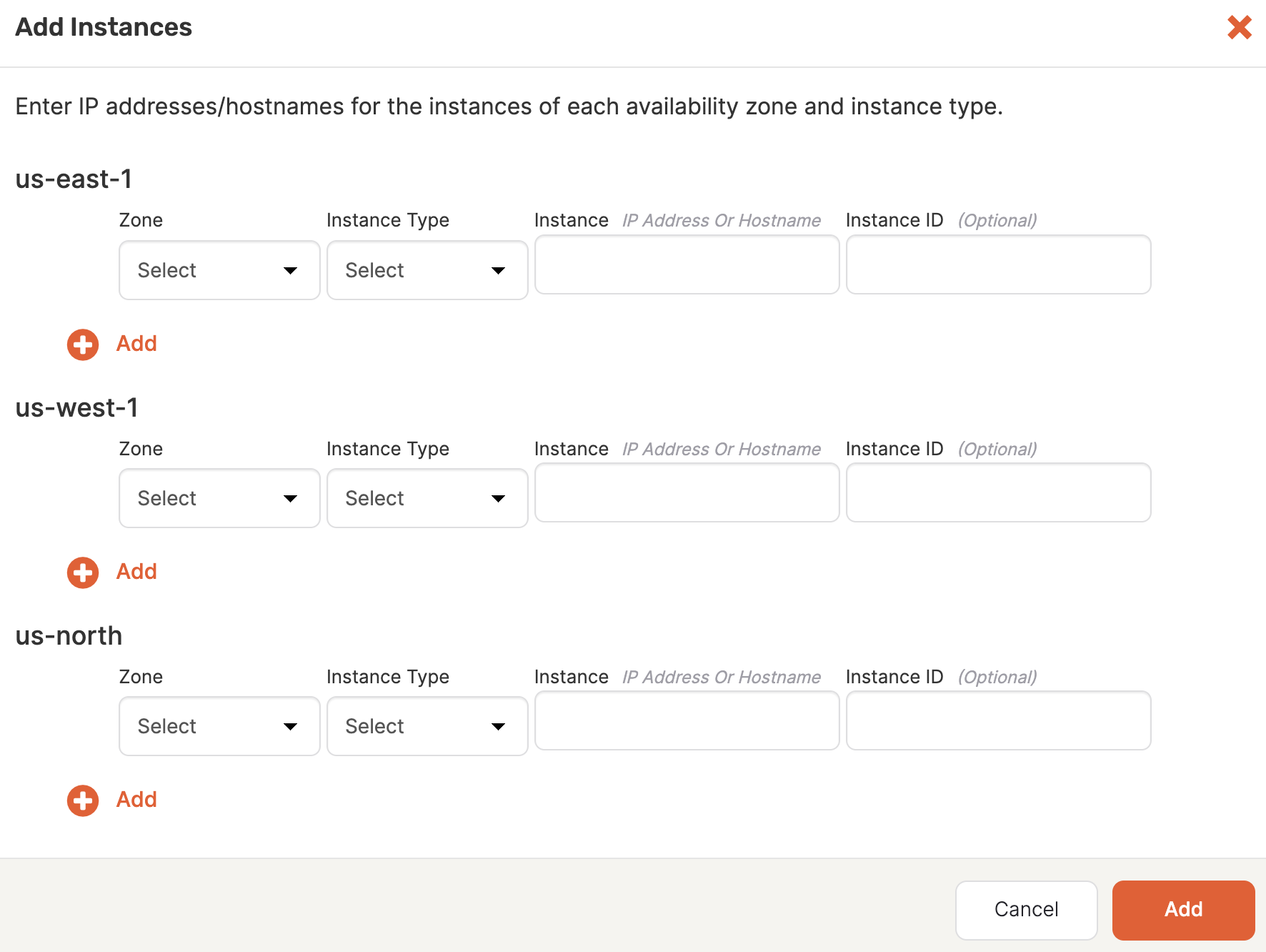 On-prem Add Instance Types dialog